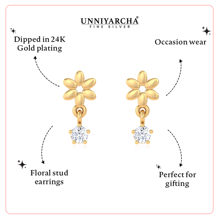 Unniyarcha 925 Pure Silver Flower Red White Drop Stud Earrings