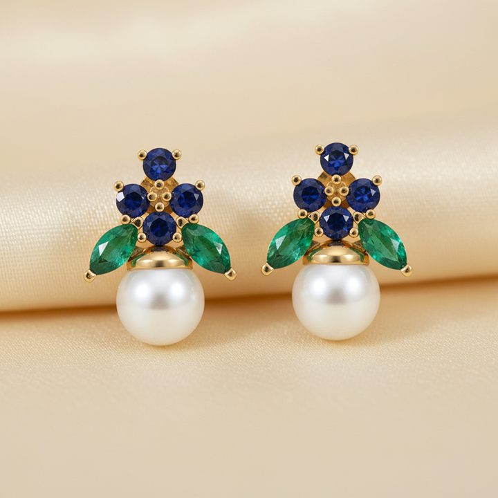 Unniyarcha 925 Pure Silver Blue floral Pearl Stud Earrings