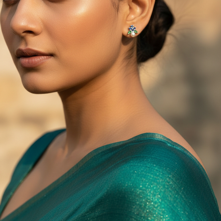 Unniyarcha 925 Pure Silver Blue floral Pearl Stud Earrings