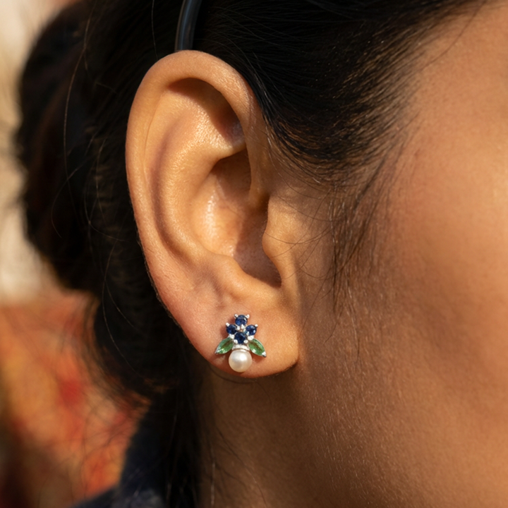 Unniyarcha 925 Pure Silver Blue floral Pearl Stud Earrings