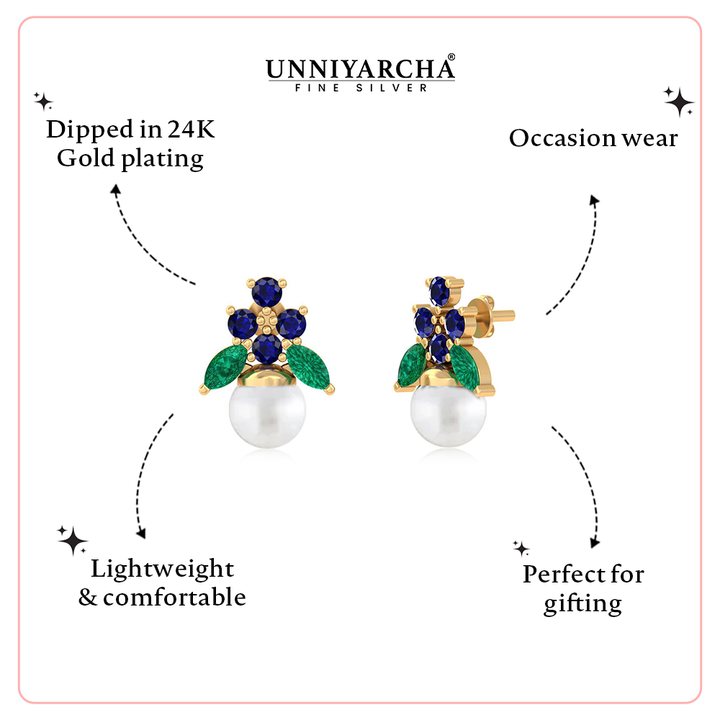 Unniyarcha 925 Pure Silver Blue floral Pearl Stud Earrings