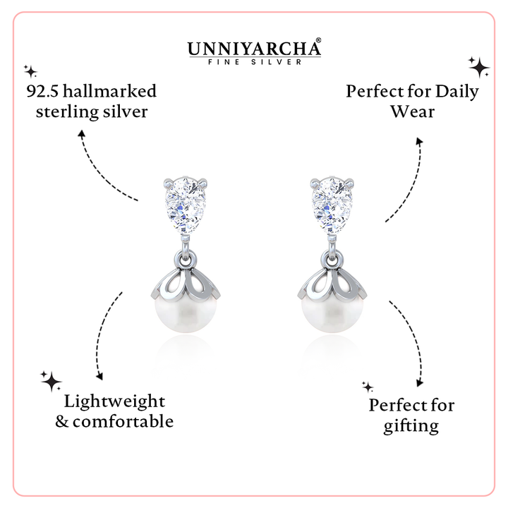 Unniyarcha 925 Pure Silver white pearl floral Earrings