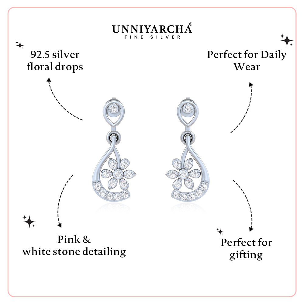 Unniyarcha 925 Pure Silver White Drop Floral Earrings