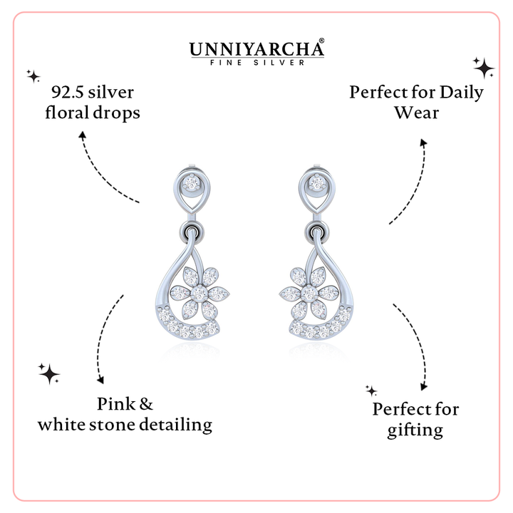 Unniyarcha 925 Pure Silver White Drop Floral Earrings