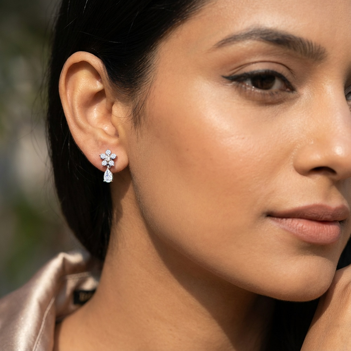 Unniyarcha 925 Pure Silver Bloom Diamond Drops Earrings