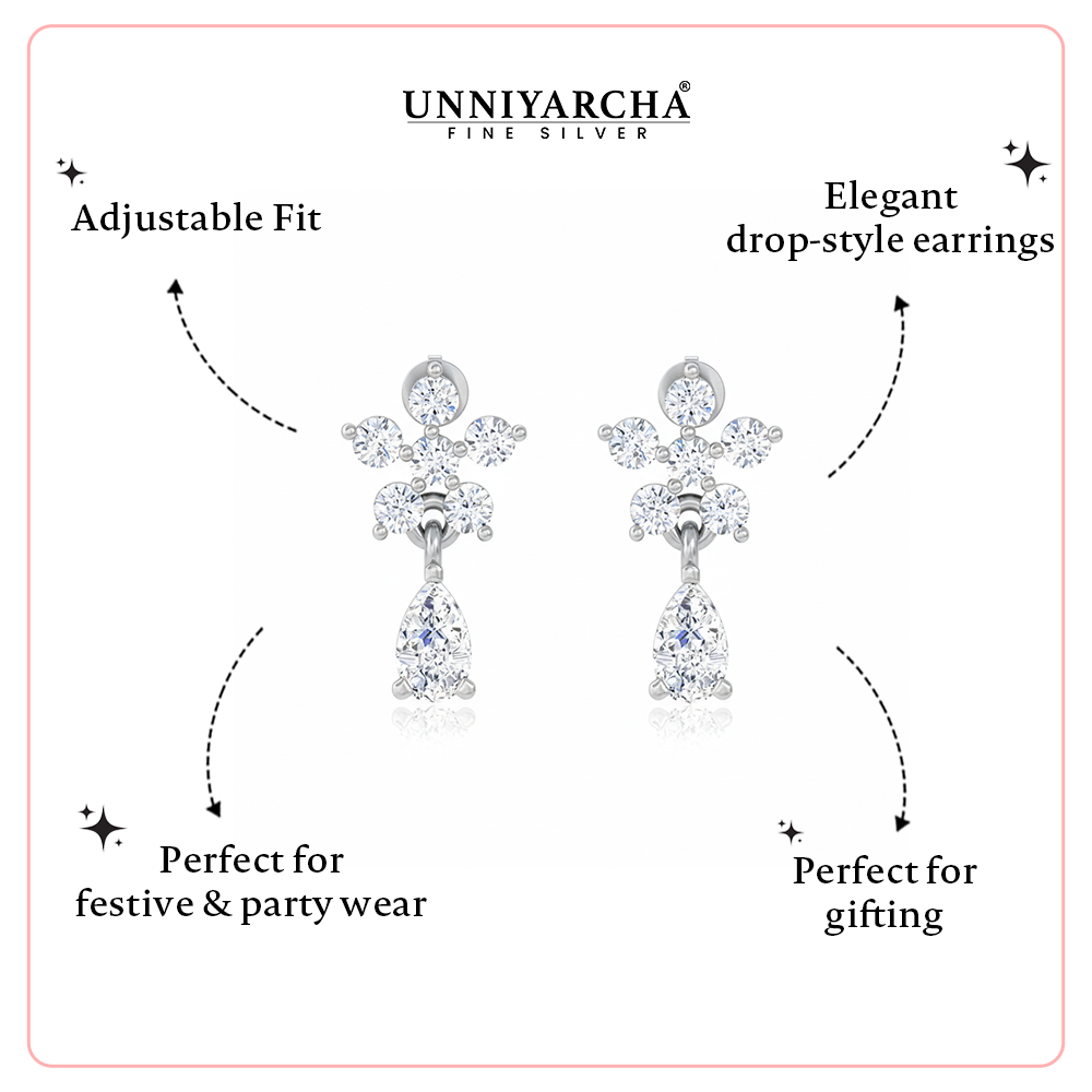 Unniyarcha 925 Pure Silver Bloom Diamond Drops Earrings