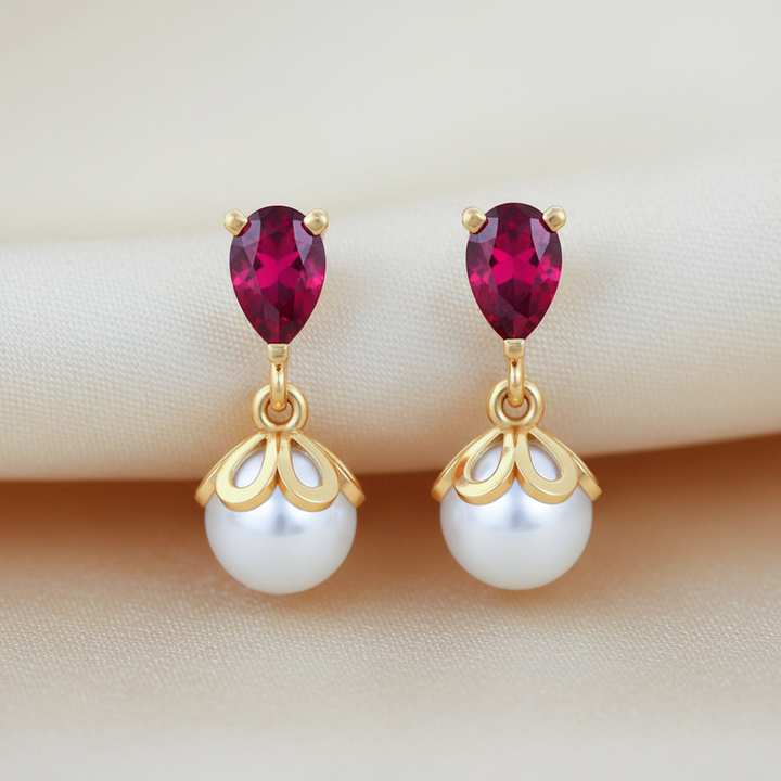 Unniyarcha 925 Pure Silver Red Drop Pearl Stud Earrings