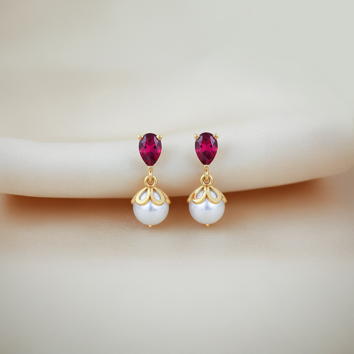 Unniyarcha 925 Pure Silver Red Drop Pearl Stud Earrings