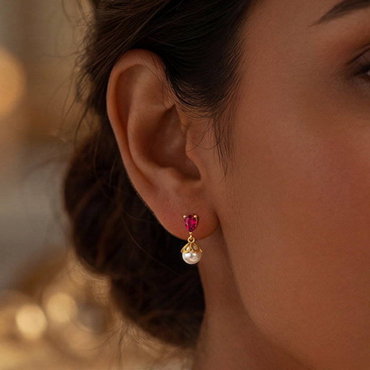 Unniyarcha 925 Pure Silver Red Drop Pearl Stud Earrings