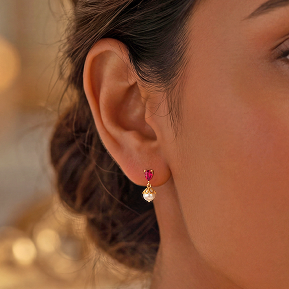 Unniyarcha 925 Pure Silver Red Drop Pearl Stud Earrings