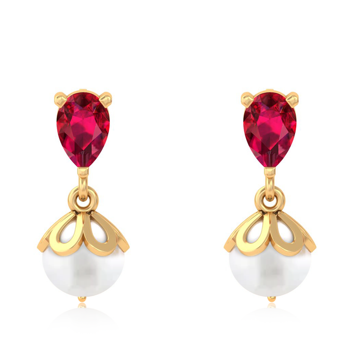 Unniyarcha 925 Pure Silver Red Drop Pearl Stud Earrings