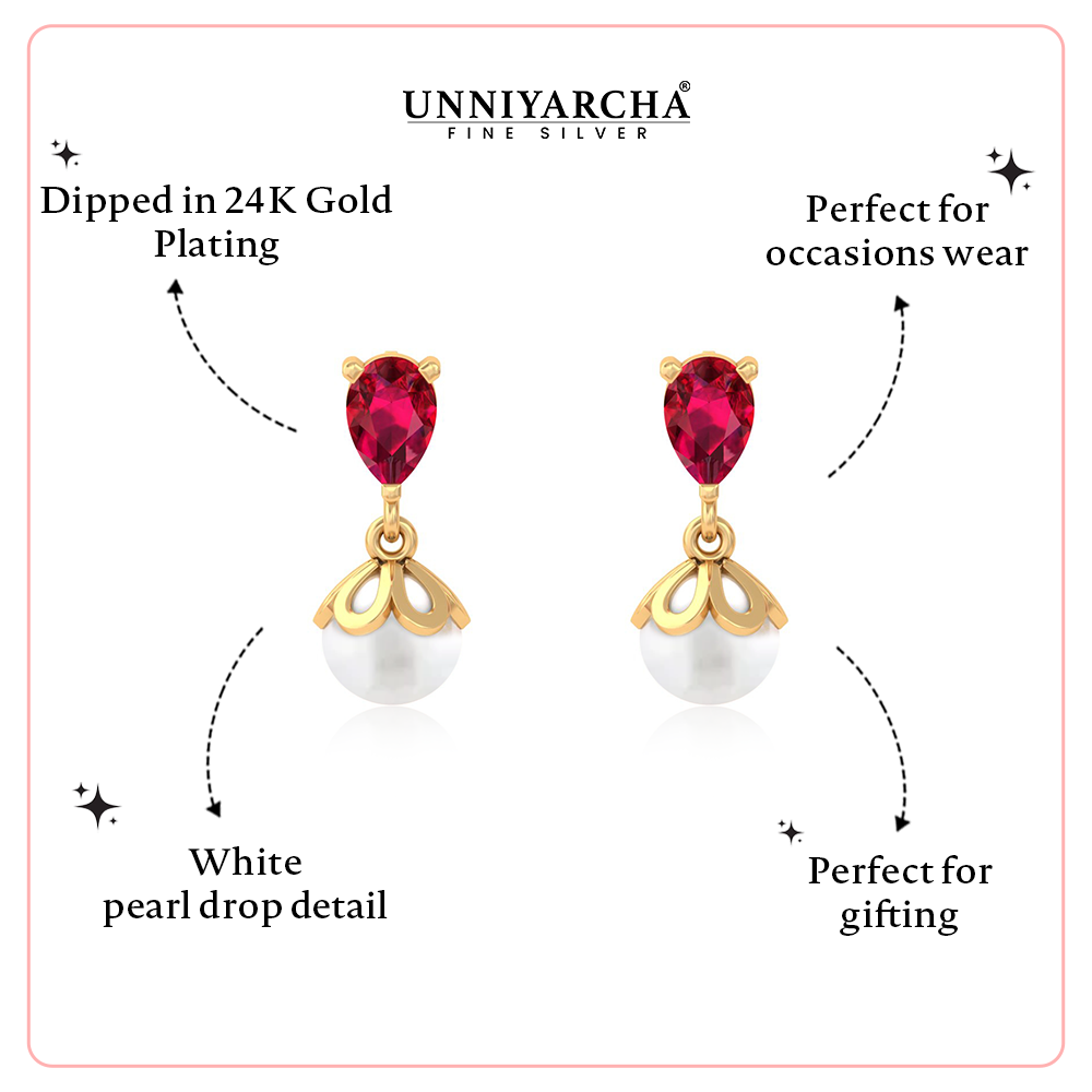 Unniyarcha 925 Pure Silver Red Drop Pearl Stud Earrings