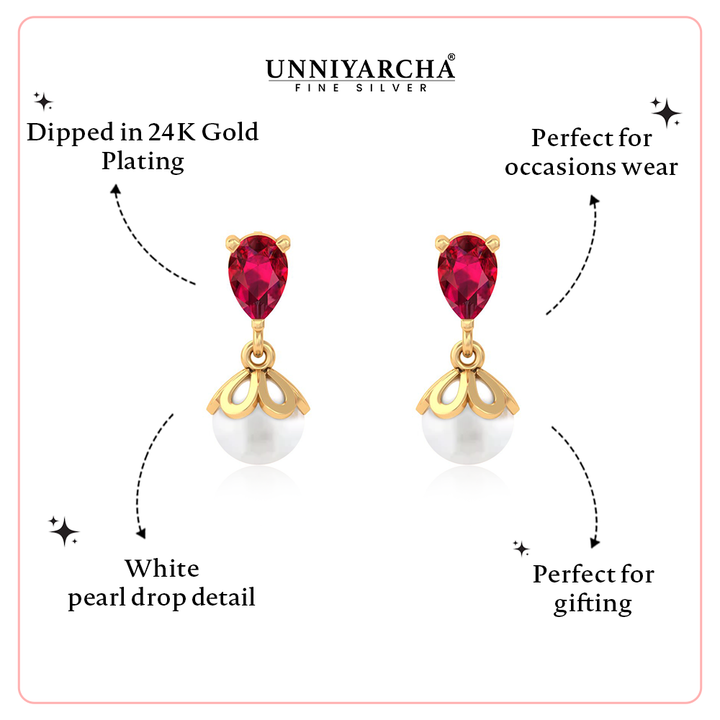 Unniyarcha 925 Pure Silver Red Drop Pearl Stud Earrings