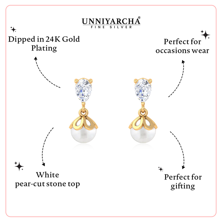 Unniyarcha 925 Pure Silver Falling Pearl Earrings