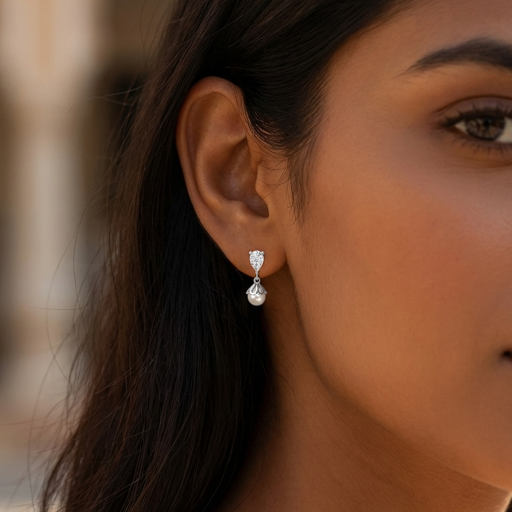 Unniyarcha 925 Pure Silver White Falling Pearl Earrings