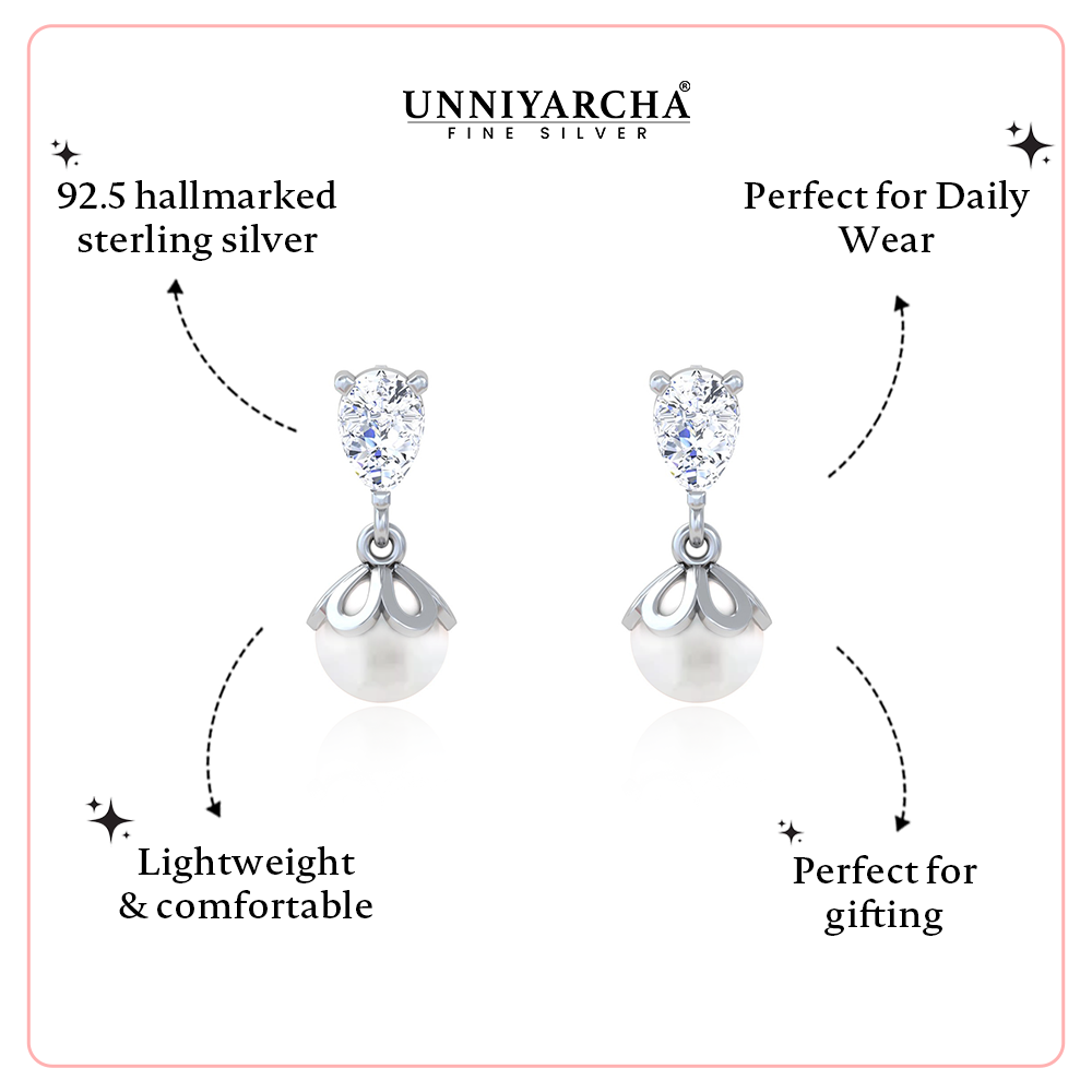 Unniyarcha 925 Pure Silver White Falling Pearl Earrings