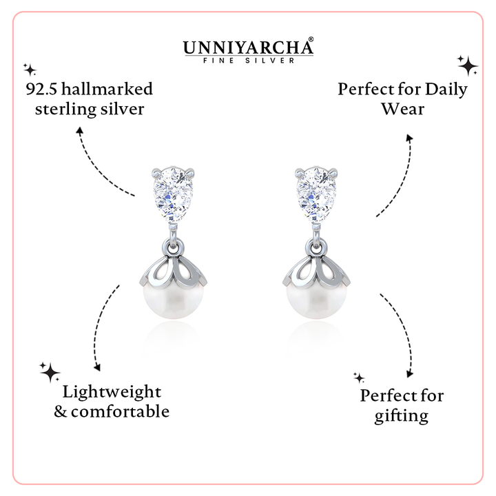 Unniyarcha 925 Pure Silver White Falling Pearl Earrings