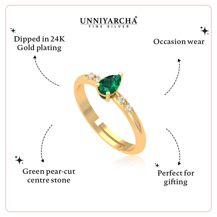 Unniyarcha 925 Pure Silver Green Pear Drop Ring