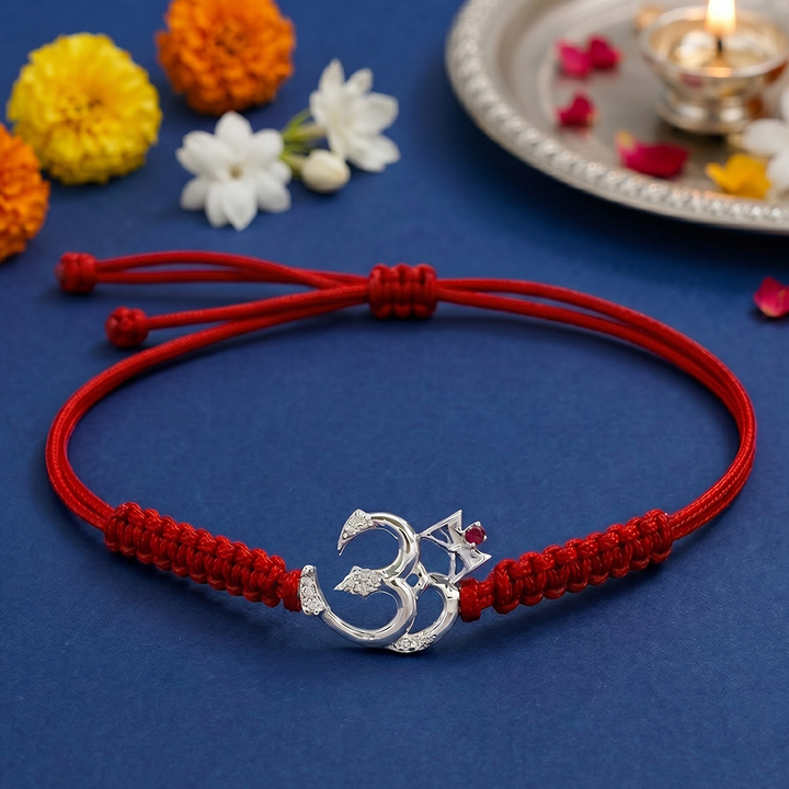 925 Sterling Silver Zircon-Studded Om Divine Rakhi with Chandan Tilak set