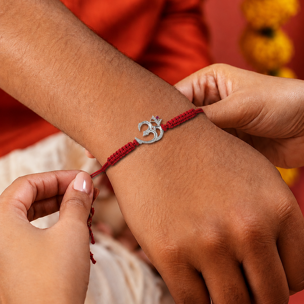 925 Sterling Silver Zircon-Studded Om Divine Rakhi with Chandan Tilak set