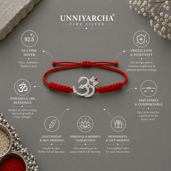 925 Sterling Silver Zircon-Studded Om Divine Rakhi with Chandan Tilak set