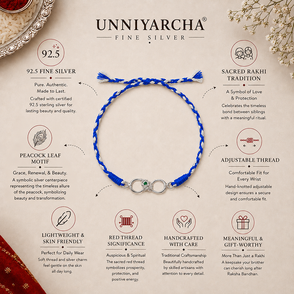 Unniyarcha 925 Sterling Silver Minimalist Mor Pankh Red Thread Rakhi with Chandan Tilak set