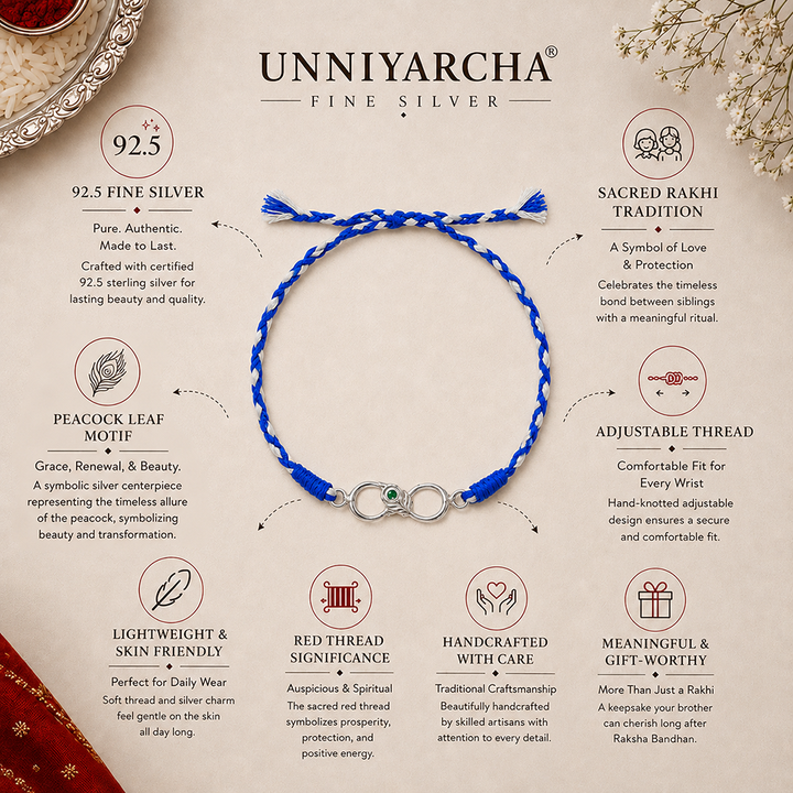 Unniyarcha 925 Sterling Silver Minimalist Mor Pankh Red Thread Rakhi with Chandan Tilak set