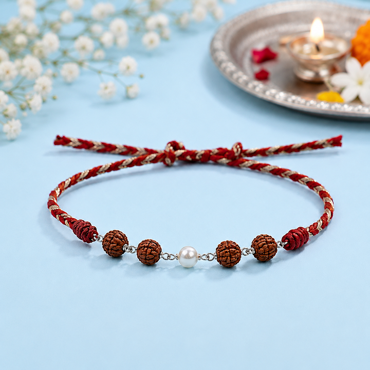 Unniyarcha 925 Pure Silver Elegant Pearl & Rudraksha Red Thread Rakhi with Chandan Tilak set
