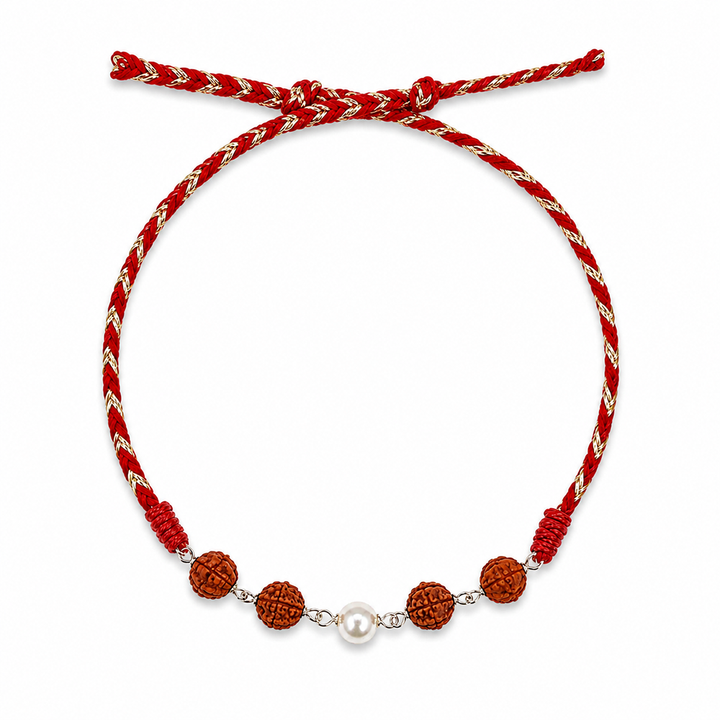 Unniyarcha 925 Pure Silver Elegant Pearl & Rudraksha Red Thread Rakhi with Chandan Tilak set