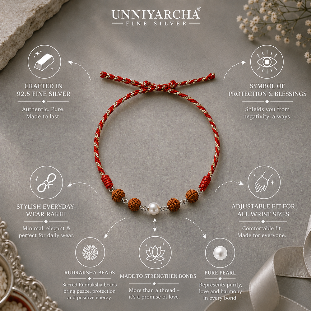 Unniyarcha 925 Pure Silver Elegant Pearl & Rudraksha Red Thread Rakhi with Chandan Tilak set