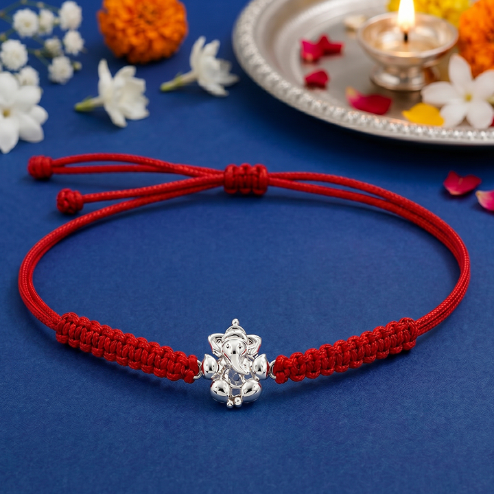 Unniyarcha 925 Sterling Silver Auspicious Ganesha Blessings Rakhi with Chandan Tilak set