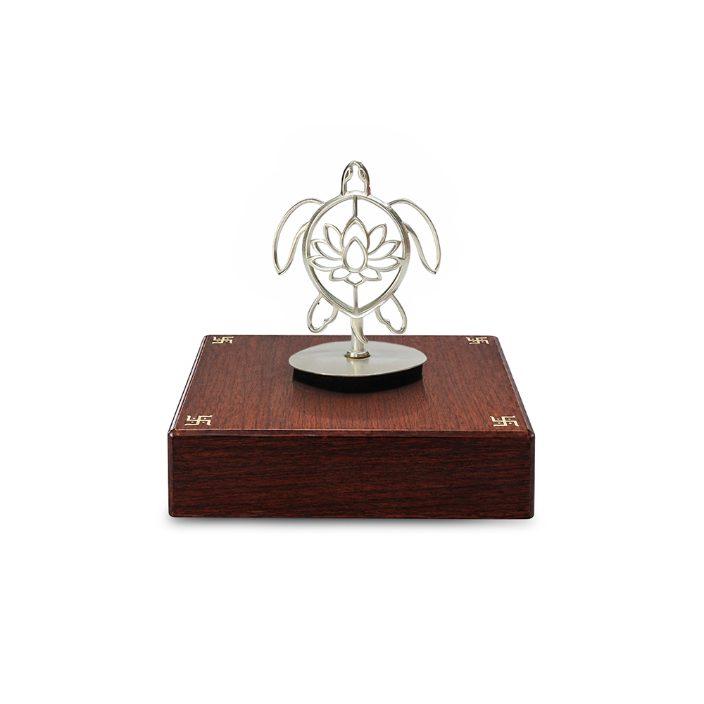 92.5 Silver Tortoise Lotus Keepsake with Wooden Base