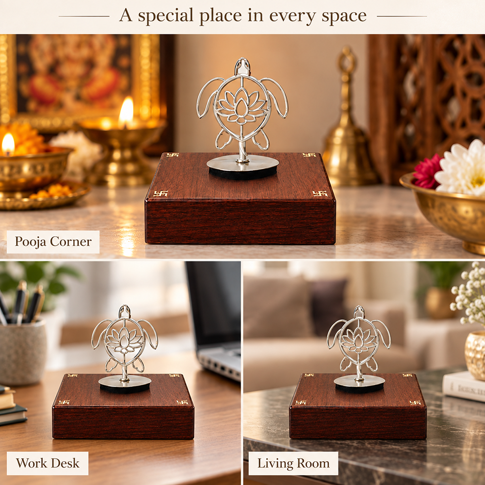 92.5 Silver Tortoise Lotus Keepsake with Wooden Base