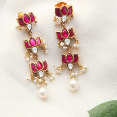 92.5 Silver Kundan Lotus Bloom Earring with Pearl