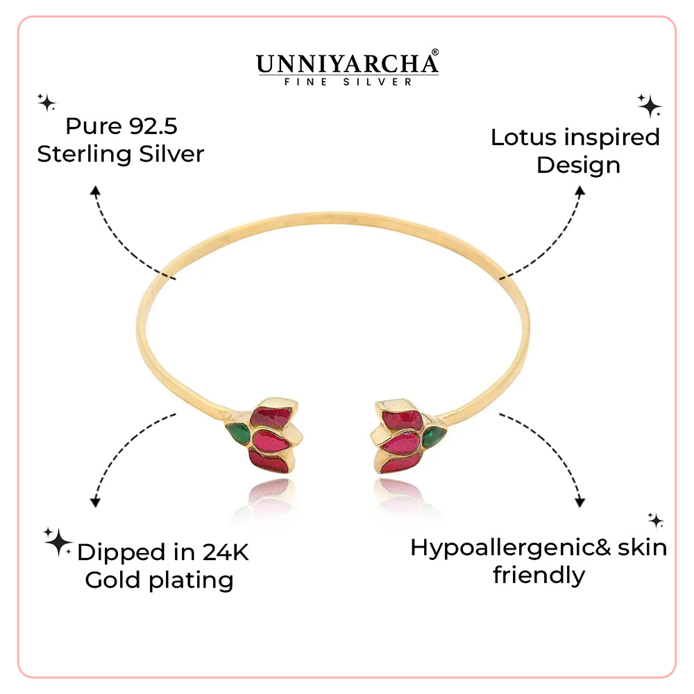 925 Sterling Silver Silver Lotus Kundan Bangle