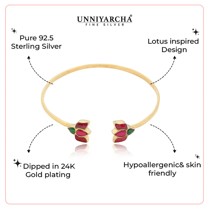 925 Sterling Silver Silver Lotus Kundan Bangle