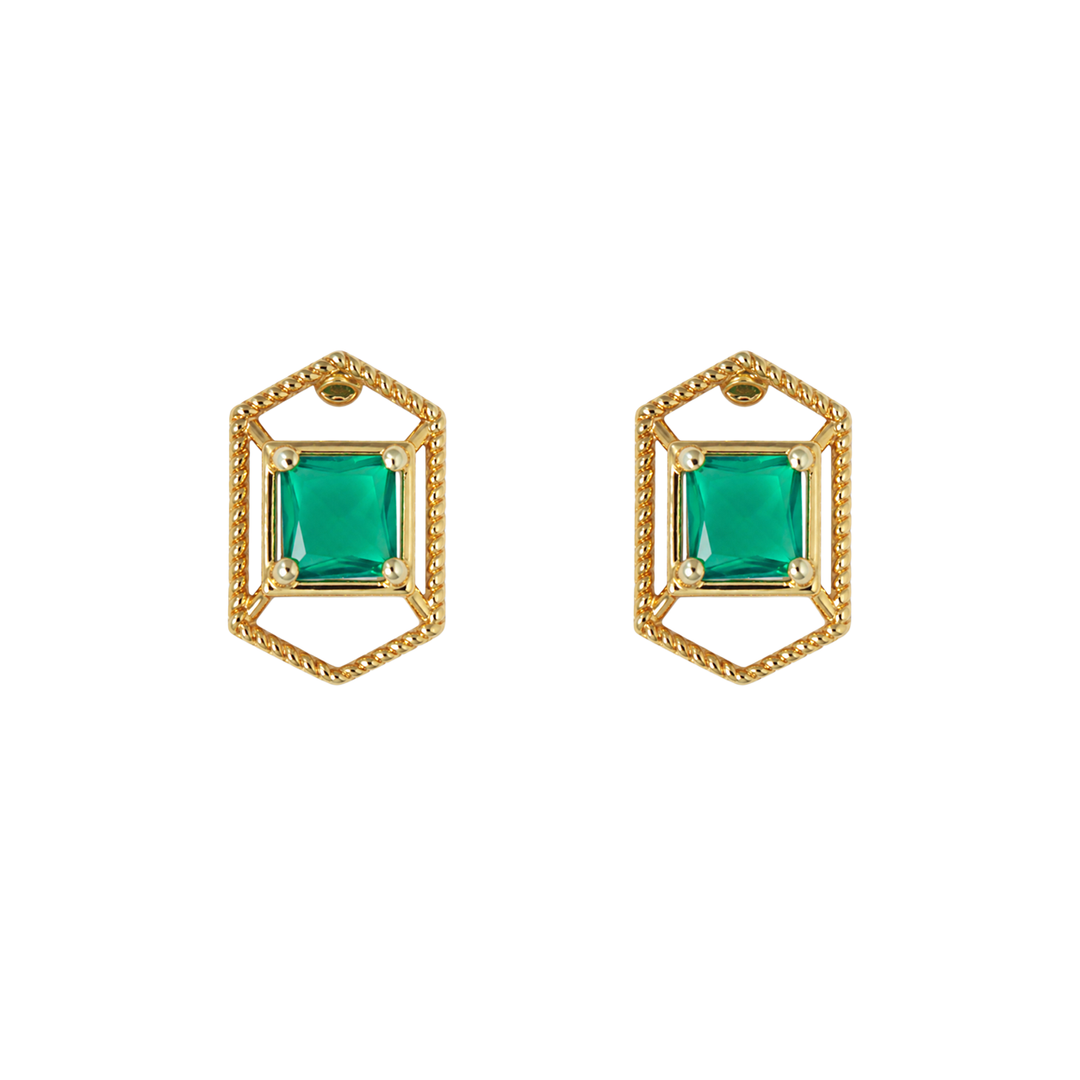 925 Silver Emerald Hexagon Stud Earrings