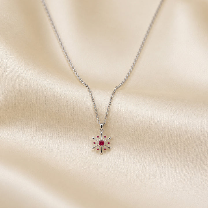 925 Pure Silver Red Zircon Snowflake Starburst Pendant Necklace