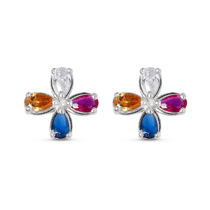 925 Silver Multicolor Gemstone Floral Stud Earrings