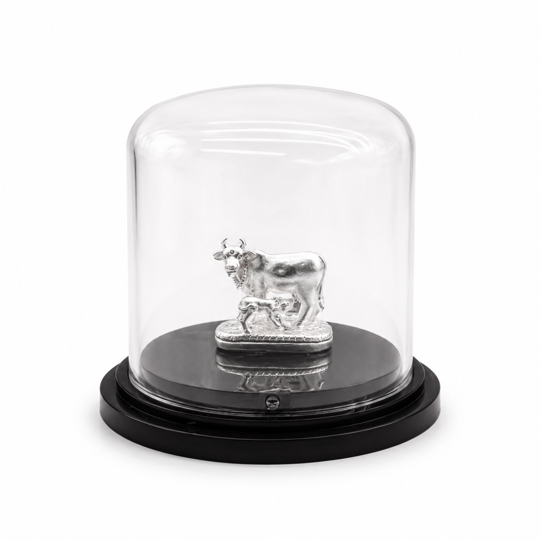999 Silver Kamadhenu Cow and Calf Idol in Dome Casing
