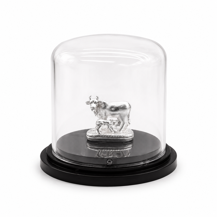 999 Silver Kamadhenu Cow and Calf Idol in Dome Casing