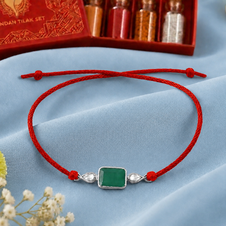 92.5 Rakhi WIth Green Onyx with Chandan Tilak Set