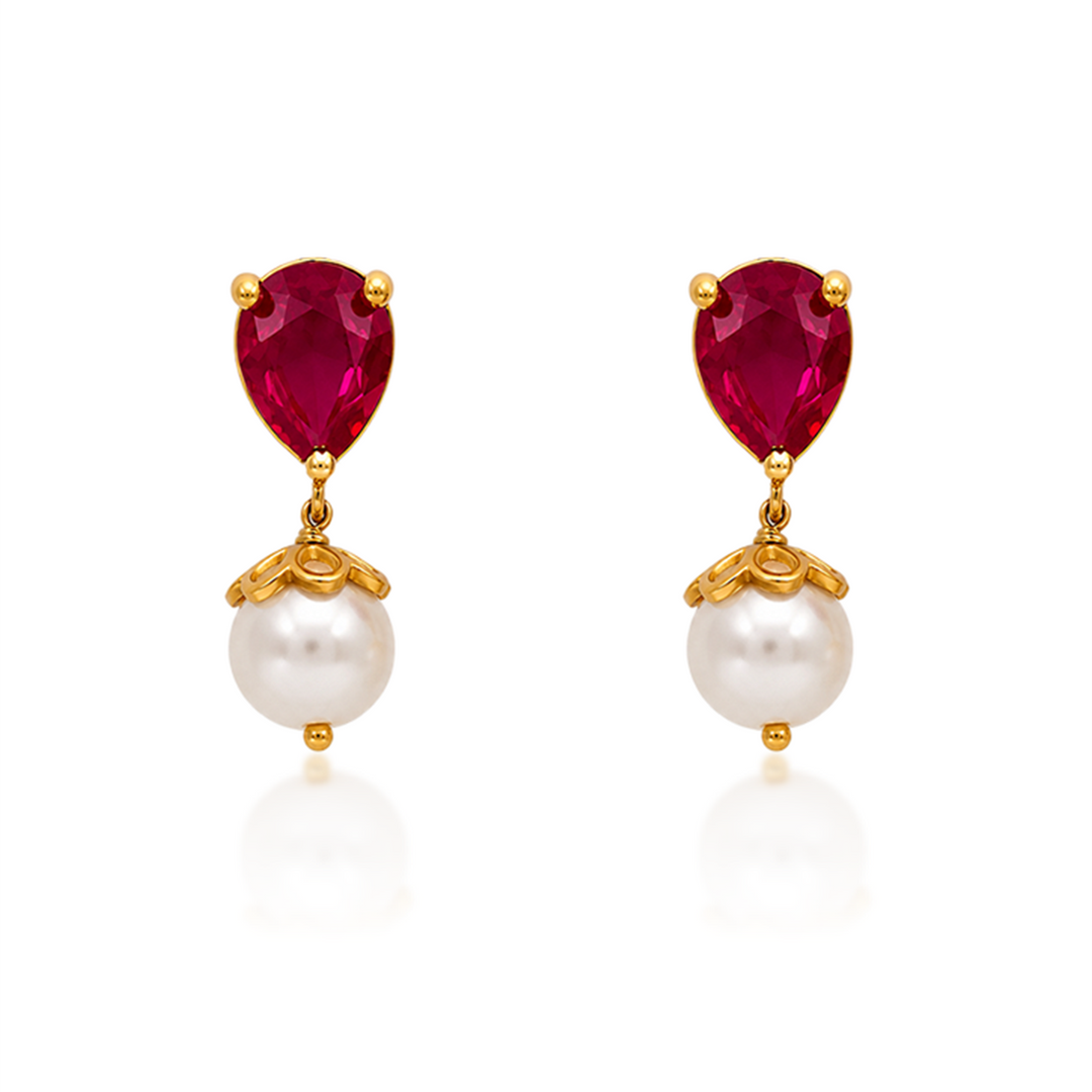 Unniyarcha 925 Pure Silver Red Drop Pearl Stud Earrings