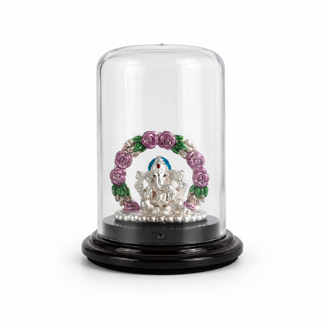 999 Silver Floral Ganesha Idol in Dome Casing