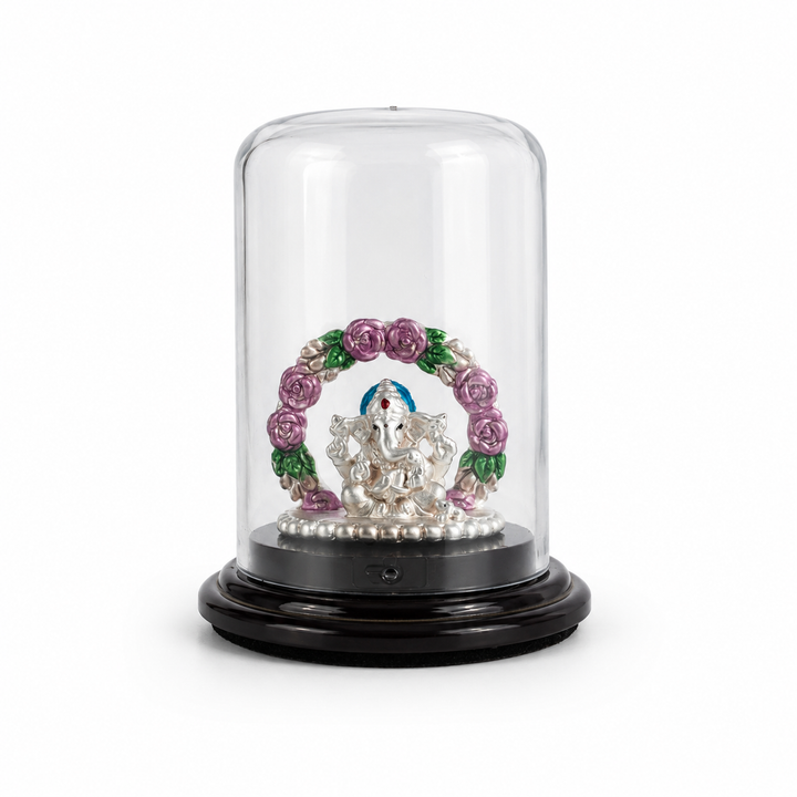 999 Silver Floral Ganesha Idol in Dome Casing