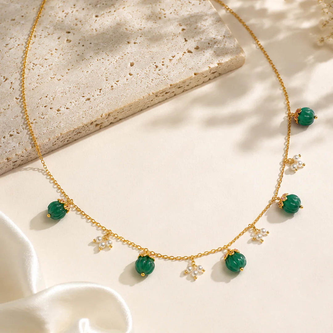 925 Sterling Silver Delicate Mellon Bead with Pink Zircon Cap Necklace (Gold Plating)
