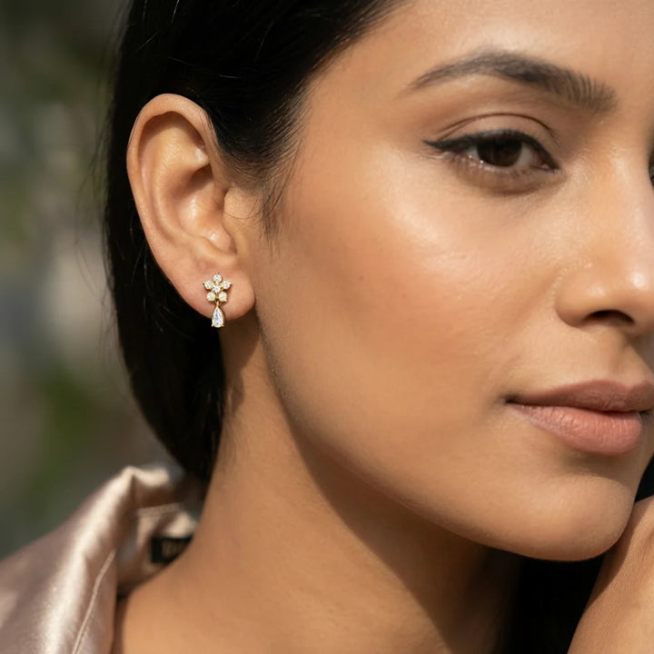 Unniyarcha 925 Pure Silver Bloom Diamond Drops Earrings