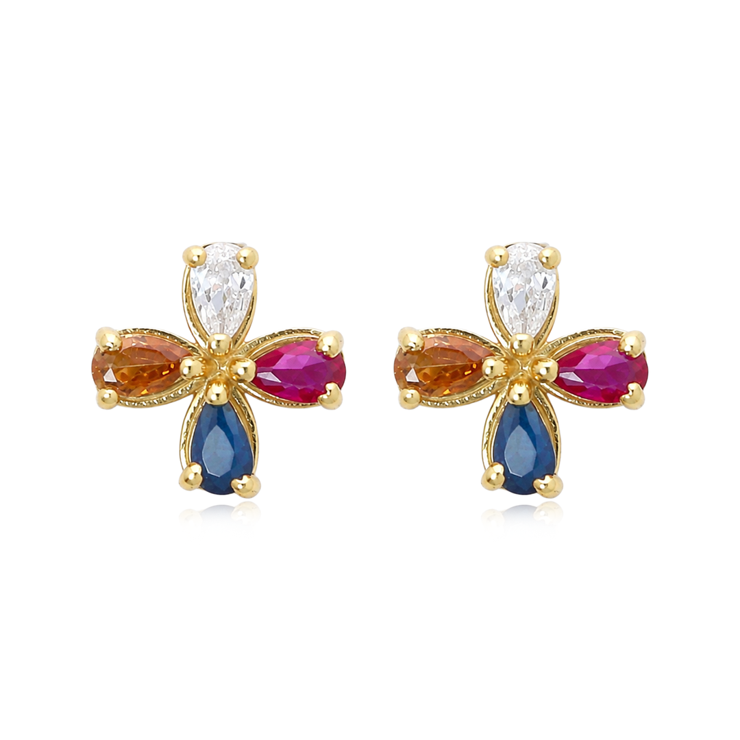 925 Silver Multicolor Gemstone Floral Stud Earrings