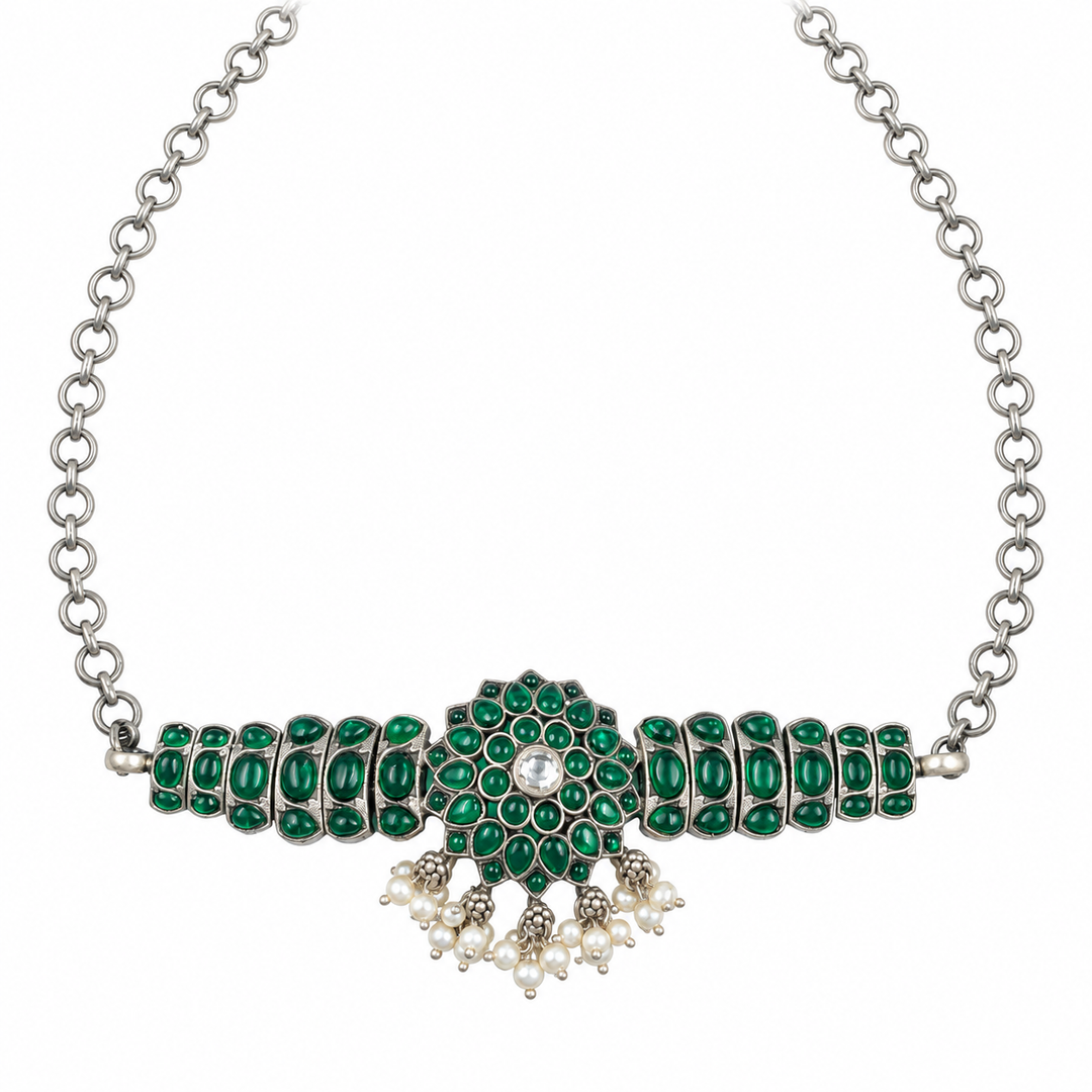 Emerald Floral Silver Choker Necklace