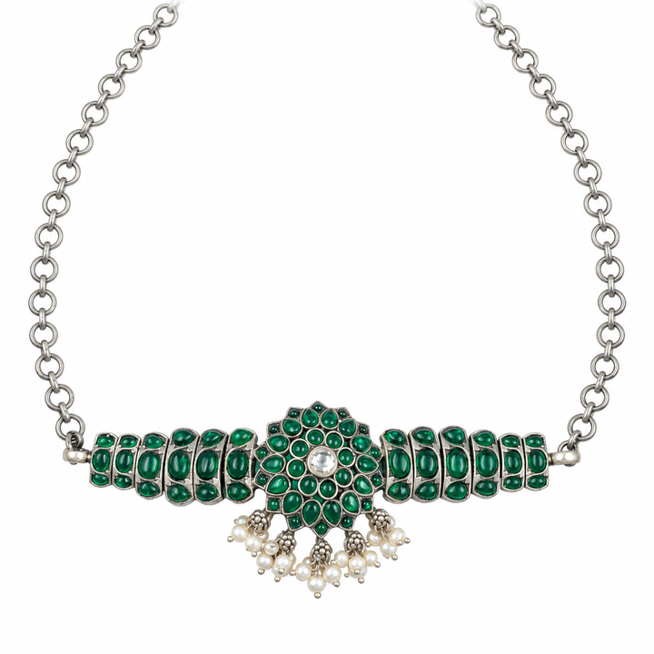Emerald Floral Silver Choker Necklace